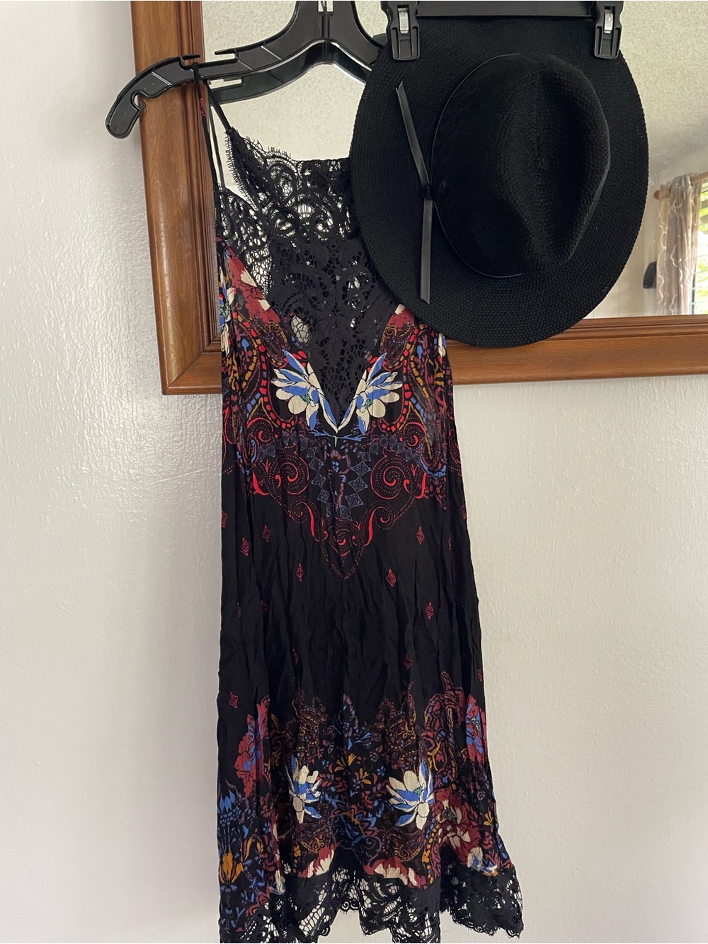 Black Lace-Trim Floral Boho Slip Dress